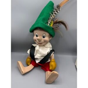 1940's Knickerbocker Pinocchio Doll Disney Toy Co with Green Feather Hat 13"